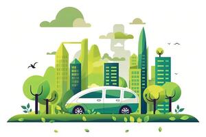 verde ecologia città con ambiente macchina. Salva il mondo e energia concetto. illustrazione nel piatto stile moderno design. generativo ai. foto