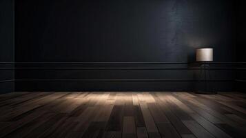 classico nero vuoto interno con parete pannelli, modanature e di legno pavimento. generativo ai. foto