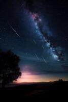 meteorite nel il cielo. un' luminosa meteora contro il sfondo di stelle. un' bellissimo caduta stella. generativo ai. foto