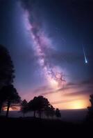 meteorite nel il cielo. un' luminosa meteora contro il sfondo di stelle. un' bellissimo caduta stella. generativo ai. foto