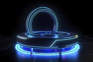 portale e ologramma futuristico neon colore cerchio elementi. standard podio o studio futuristico piedistallo il giro piattaforma showroom. cerchio palcoscenico e blu neon luce. scienza finzione 3d illustrazione foto