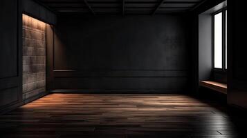 classico nero vuoto interno con parete pannelli, modanature e di legno pavimento. generativo ai. foto
