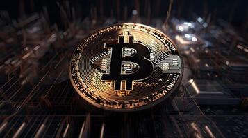 oro moneta bitcoin su un' nero sfondo. il concetto di criptovaluta. blockchain tecnologia. misto media. generativo ai. foto