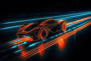 futuristico gli sport auto su neon autostrada. potente accelerazione di un' supercar su un' notte traccia con colorato luci e sentieri. 3d illustrazione. generativo ai. foto