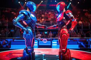 Due robotica rosso e blu colore erano personaggi combattente battaglia nel un' futuristico scienza finzione città. generativo ai. foto