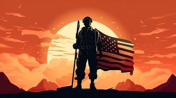 llustration di Stati Uniti d'America esercito soldato con nazione bandiera. saluto carta per veterani giorno , memoriale giorno, indipendenza giorno . America celebrazione. generativo ai. foto