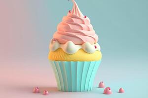 ai generato 3d Cupcake con crema su pastello sfondo. foto