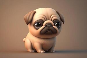 ai generato 3d carino poco carlino cane kawaii carattere. soffice realistico cucciolo con grande occhi. foto