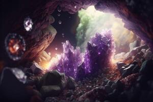 ai generato viola cristallo in crescita nel un' buio grotta e luce del sole colpire il cristalli. foto