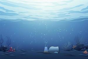 plastica bottiglia galleggiante nel oceano con acquatico animale, pesce. inquinamento di plastica e spazzatura nel Aperto mare concetto foto
