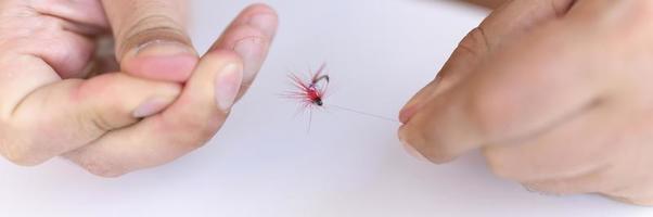 mani dell'uomo che lega una lenza con una mosca su un amo da pesca foto