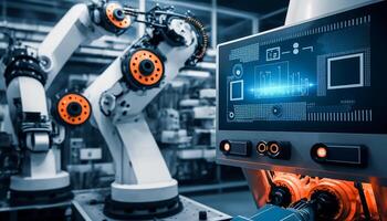 industriale macchina robot, inteligente moderno fabbrica automazione utilizzando Avanzate macchine, industriale 4.0 produzione processi, generativo ai foto