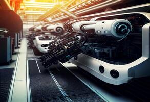 moderno auto fabbrica con automatizzato robot braccio montaggio linea manifatturiero.generativo ai. foto
