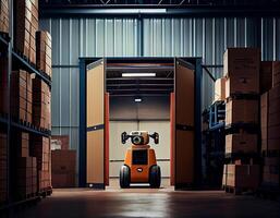 robot centro di logistica deposito,robot braccio con scatola Lavorando nel il Materiale industriale.generativo ai foto