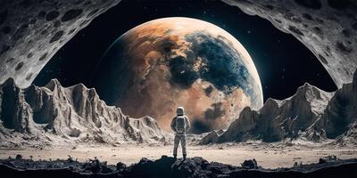 astronauta in piedi su abbandonato terra Guarda a un altro pianeta. spazio viaggio e esplorazione concetto. generativo ai illustrazione. foto