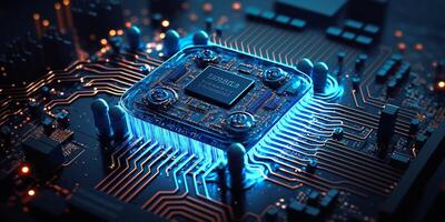 futuristico elettronico microchip circuito tavola vicino su concetto illustrazione. generativo ai illustrazione. foto
