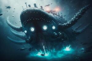 gigantesco fantasia sottomarino con tentacoli annegamento sotto il in profondità di oceano. generativo ai illustrazione. foto