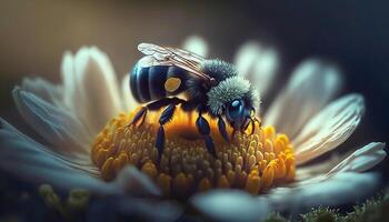 ape raccolta miele su superiore di bellissimo fiore. alveare vicino su macro fotografia. generativo ai illustrazione. foto