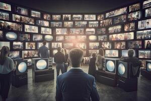 persone Guardando un' lotto di retrò televisori. propaganda e falso notizia concetto. politici manipolare società con Aiuto di pubblico televisione. creato con generativo ai foto