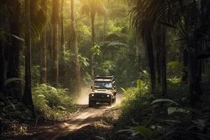 quattro ruota guidare suv è guida su fangoso strada nel giungla. camionetta su safari. creato con generativo ai foto