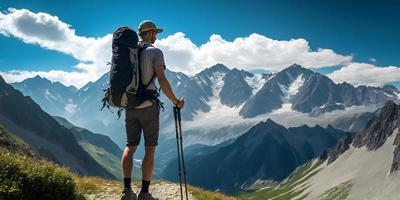 un' uomo con un' zaino e un' montagna nel il sfondo foto