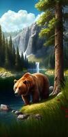 rosso orso nel il natura bellissimo paesaggio foresta e lago foto