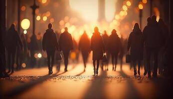 folla di persone a piedi nel il strada con morbido bokeh, veloce in movimento nel città, generativo ai foto