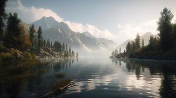 bellissimo paesaggio con montagna lago e riflessione nel acqua foto