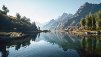 bellissimo paesaggio con montagna lago e riflessione nel acqua foto