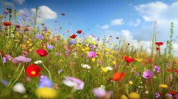 colorato fiori nel un' prato su un' soleggiato estate giorno, bello prato con papaveri e altro fiori selvatici foto