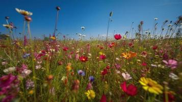 colorato fiori nel un' prato su un' soleggiato estate giorno, bello prato con papaveri e altro fiori selvatici foto