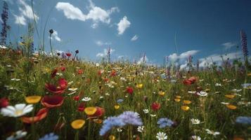 colorato fiori nel un' prato su un' soleggiato estate giorno, bello prato con papaveri e altro fiori selvatici foto