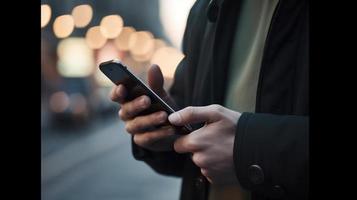 vicino su di un' uomo utilizzando mobile inteligente Telefono nel il città foto