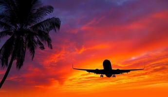 passeggeri aereo nel approccio per atterraggio con bellissimo tramonto e tropicale alberi e impianti. foto