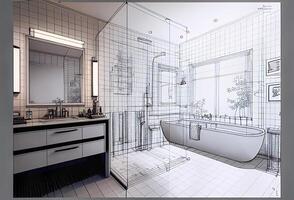 architettonico ruvido esplorazione disegno di un' costume bagno interno - generativo ai. foto