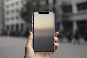 mobile Telefono nel mano su il strada, creato con generativo ai foto