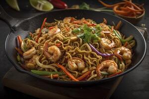 tailandese wok con tagliatelle e gamberetti, creato con generativo ai foto