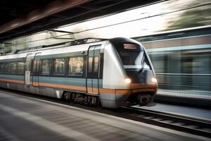 veloce in movimento treno nel il stazione, creato con generativo ai foto