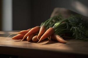 fresco carote su il cucina tavolo, creato con generativo ai foto