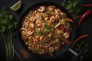 tailandese wok con tagliatelle e gamberetti, creato con generativo ai foto