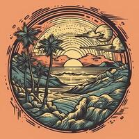illustrazione di tropicale paesaggio con palma alberi, oceano e montagna. cartone animato piatto panoramico paesaggio, tramonto con il palme arte retrò stile illustrazione. generativo ai. foto