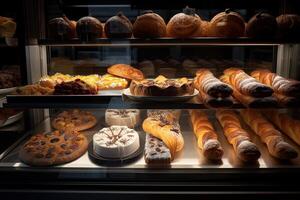 forno interno con Schermo contatori pieno di delizioso pane e pasticcini. negozio un' pasticceria o forno con Cornetti, Mela torte, cialde, e churros. appena al forno pasticcini. generativo ai foto