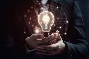 mano di uomo d'affari Tenere illuminato leggero lampadina, idea, innovazione e ispirazione concetto. generativo ai. foto