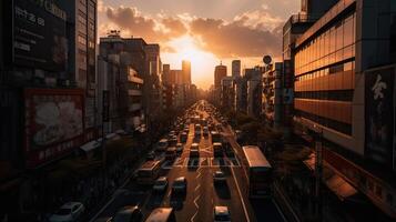 un' bellissimo e drammatico panoramico fotografia di il città orizzonte, prese su un' d'oro sera dopo tramonto. generativo ai. foto