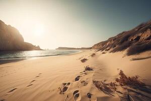 sorprendente spiaggia con infinito orizzonte e tracce su il sabbia. generativo ai. foto