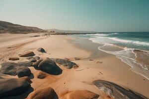 sorprendente spiaggia con infinito orizzonte e tracce su il sabbia. generativo ai. foto