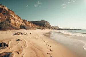 sorprendente spiaggia con infinito orizzonte e tracce su il sabbia. generativo ai. foto