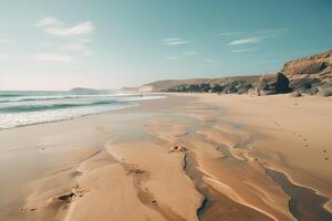 sorprendente spiaggia con infinito orizzonte e tracce su il sabbia. generativo ai. foto