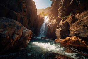 grande Visualizza su cascata con colorato cielo durante tramonto. meraviglioso natura paesaggio. viaggio è un' stile di vita, concetto. Islanda popolare posto di viaggio e turistico Posizione. generativo ai. foto