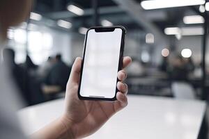 vicino su Visualizza di mani Tenere finto su inteligente Telefono con moderno ufficio sfocato sfondo. generativo ai foto